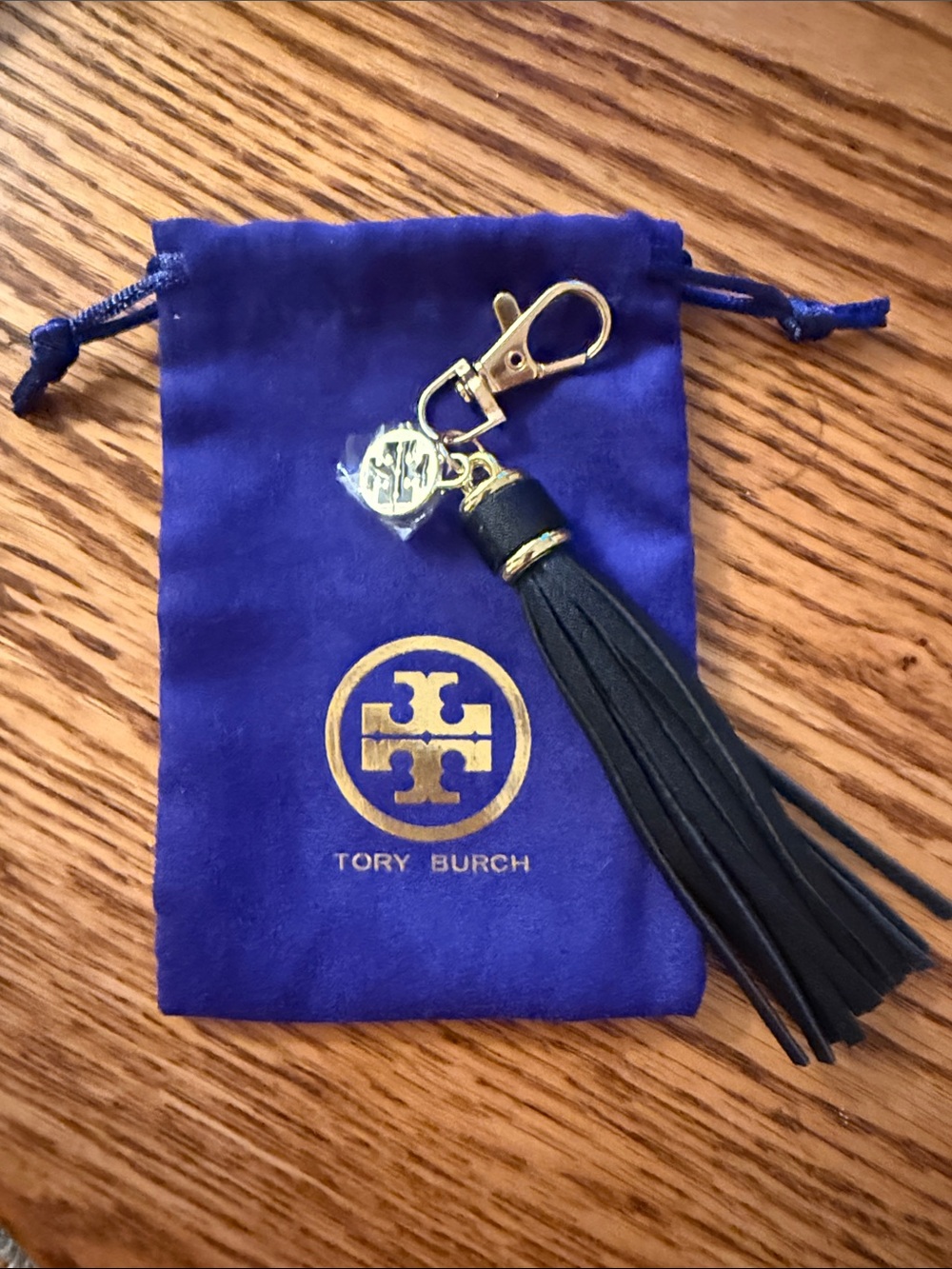 Tory Burch Black Leather Tassel Key Fob with Gold Hardware